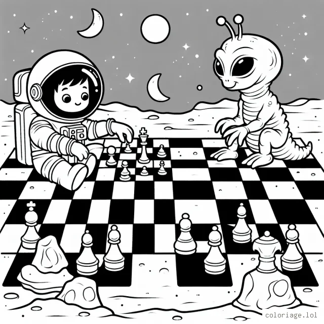 Un astronaute jouant aux échecs avec une créature martienne sur la planète Mars.