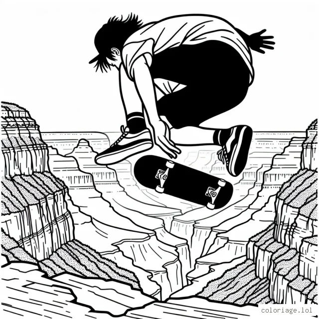 Dessine un adepte du skateboard effectuant un saut spectaculaire au-dessus du Grand Canyon
