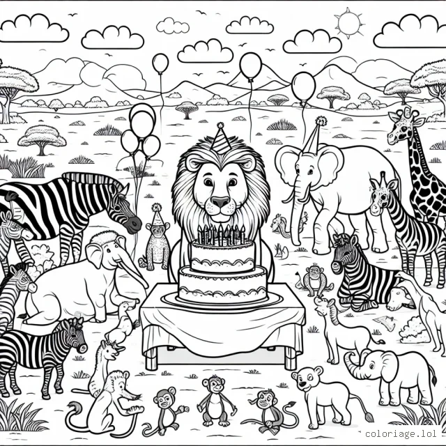 Un beau jour dans la savane, tous les animaux se sont réunis pour une fête d'anniversaire surprise pour le roi Lion
