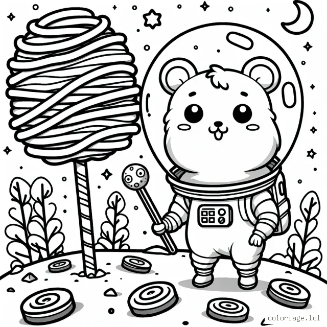 Un hamster astronaute explorant une planète cheeseburger avec des arbres en bâton de réglisse