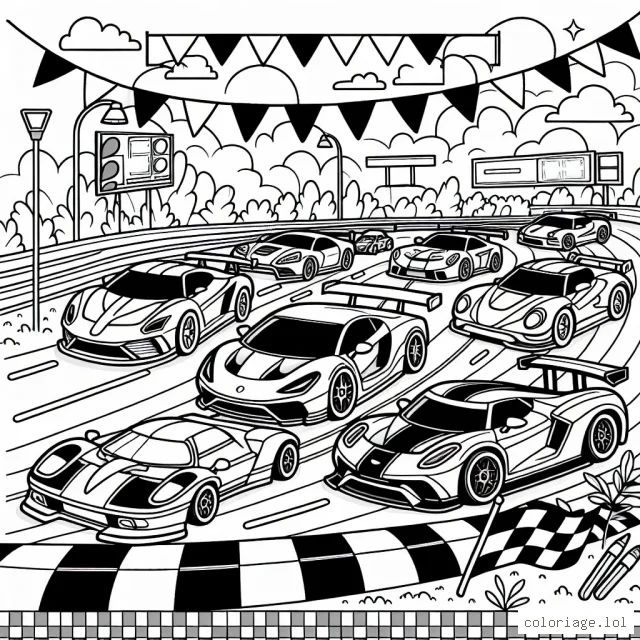 Illustration de scène de course avec différentes voitures sportives roulant sur un circuit, entouré de foule dans les gradins. Inclut des voitures de différentes formes et tailles, dont certaines détaillées avec des spoilers, des phares et des jantes. Il doit également y avoir des drapeaux à damier, des panneaux publicitaires et des arbres autour du circuit pour décorer.
