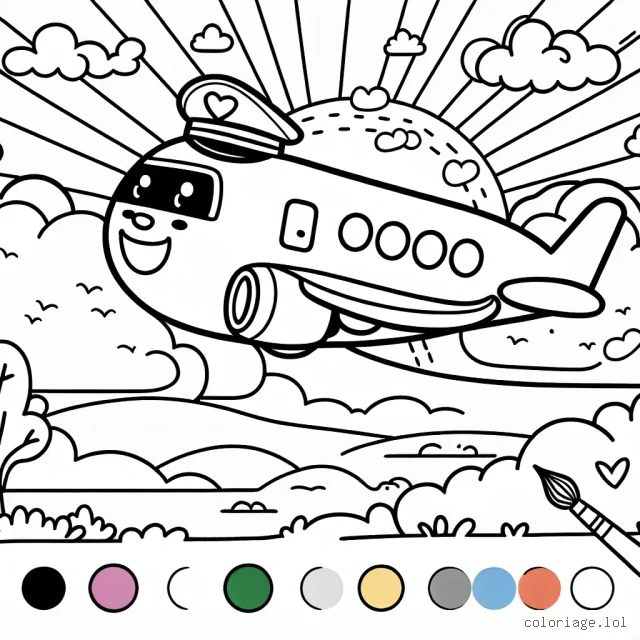 Un amusant avion de ligne volant joyeusement à travers un ciel parsemé de nuages, avec un magnifique coucher de soleil en arrière-plan. Le pilote salue les enfants et les invite à peindre le ciel et l'avion à l'aide de leurs couleurs préférées.