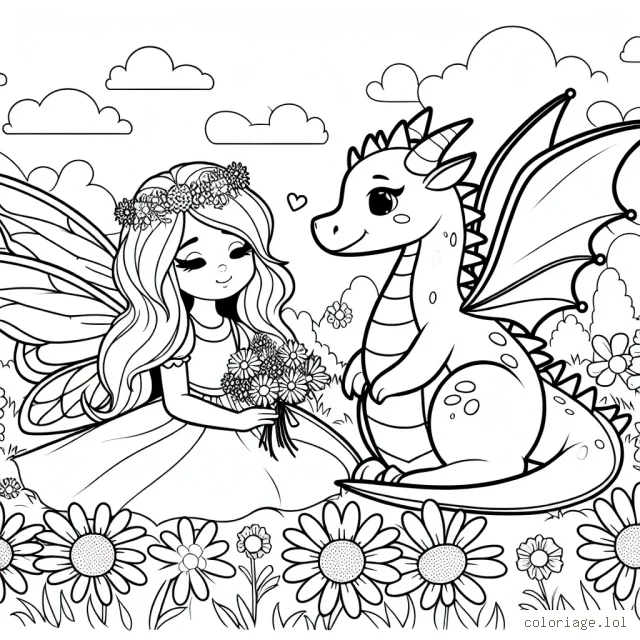 Dessine une princesse fée avec son dragon de compagnie dans un champ de fleurs