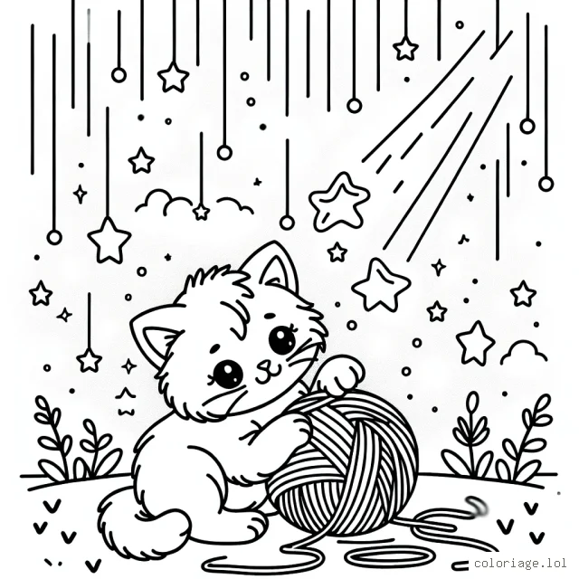 Un adorable chaton joue avec une pelote de laine sous une pluie d'étoiles filantes.