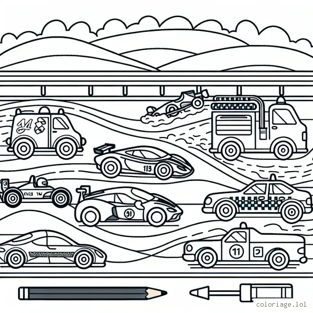 Dessine une grande course de voitures avec plusieurs types de véhicules comme une voiture de course rouge, une voiture de police bleue, un taxi jaune et une voiture de pompiers. N'oublie pas d'ajouter le paysage en arrière-plan.