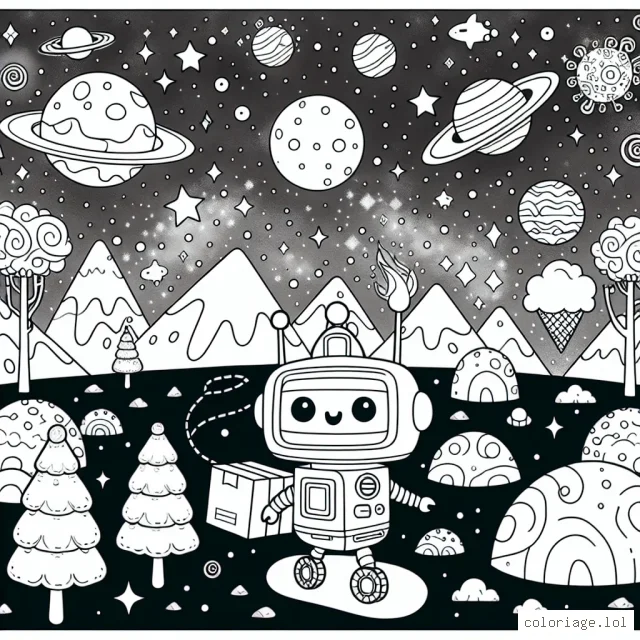 Un petit robot amical facteur t'embarque dans une aventure fantastique à travers la galaxie. Il tente de livrer un paquet à un joyeux extraterrestre vivant sur une planète aux terrains vallonnés et mate, avec des arbres en forme de cornet de crème glacée et une forêt de nuages flottants. Le ciel est rempli de constellations étincelantes et de planètes colorées.