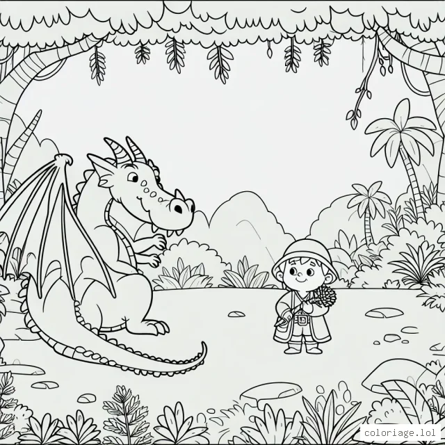 Le petit explorateur et le majestueux dragon dans une jungle merveilleuse