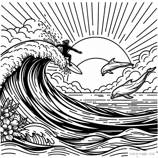 Dessine un surfeur chevauchant une énorme vague dans l'océan, avec des dauphins qui sautent à proximité. Le soleil se couche à l'horizon, créant un spectacle de couleurs vibrantes dans le ciel.