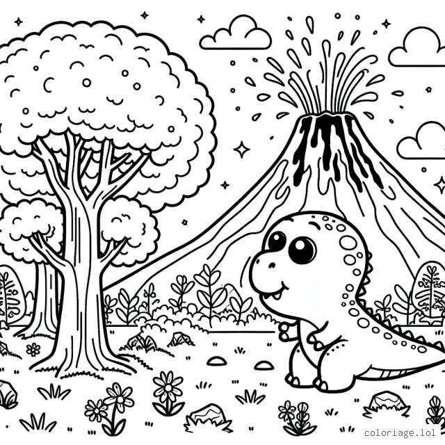 Un petit dinosaure heureux jouant près de sa maison d'arbres préhistoriques sous un ciel parsemé de volcans en éruption effusifs.