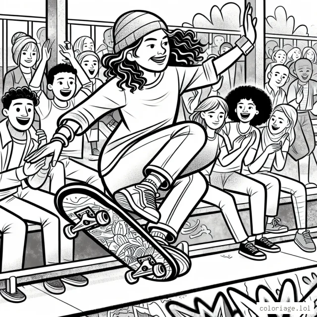 Dessine un skateboarder exécutant un trick audacieux dans un skateboard park plein de graffitis colorés, avec des spectateurs excités en arrière-plan applaudissant.