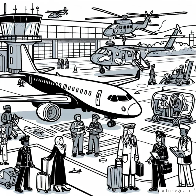 Un dessin plein de détails d'un aéroport animé, avec des avions, des hélicoptères, des pilotes et des équipes au sol.