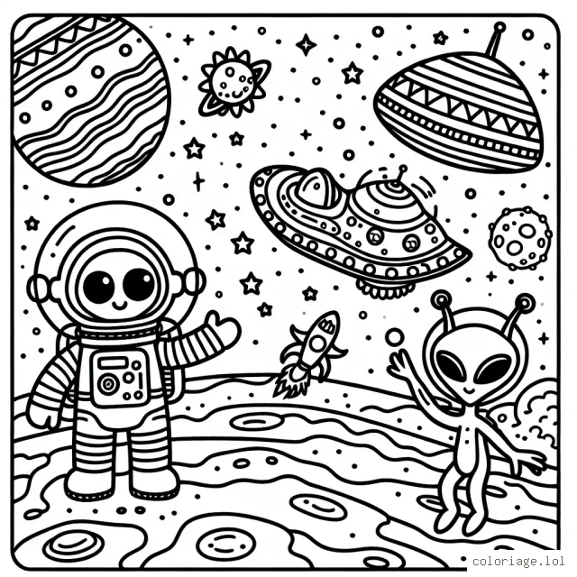 Un petit astronaute avec son vaisseau spatial atterrissant sur une planète très colorée avec des extraterrestres amicaux