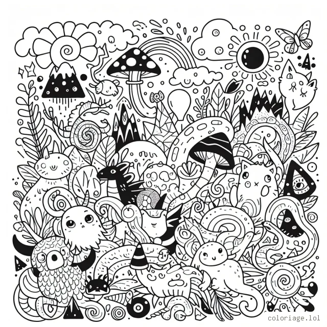 A creative and colorful random children's coloring page featuring a mix of animals, objects, and fantasy elements.