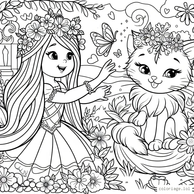 Imaginez une princesse jouant avec son chaton magique dans un jardin enchanteur rempli de fleurs de toutes sortes.