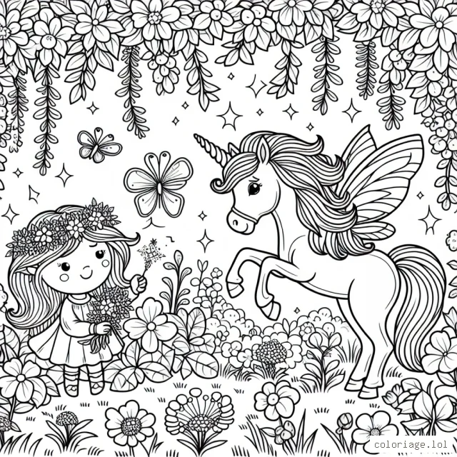 Dans un jardin enchanté grandement fleuri, une petite fée vole à proximité d'une licorne à crinière éclatante. Autour d'elles, on peut trouver du trèfle à quatre feuilles et de drôles de créatures.