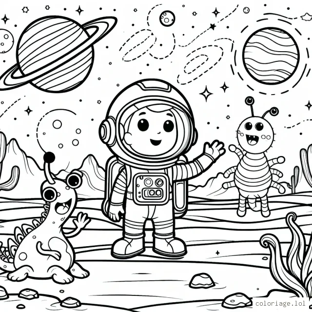 Un astronaute découvrant de nouvelles planètes avec des créatures extraterrestres amicales