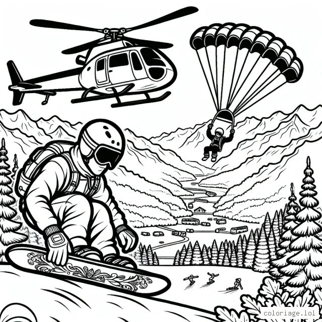 Un jeune sportif audacieux s'apprête à descendre une piste escarpée sur sa planche de snowboard. Un hélicoptère survole la scène, prêt à filmer son exploit. Dans le cième, des parachutistes font une chute libre. Le paysage environnant est riche et varié, avec une montagne enneigée, des arbres et des spectateurs excités.