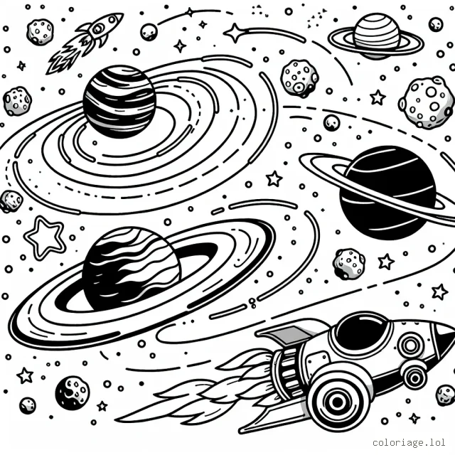 Une course de bolides dans l'espace avec des voitures fusées traversant des anneaux de planètes et esquivant des astéroïdes