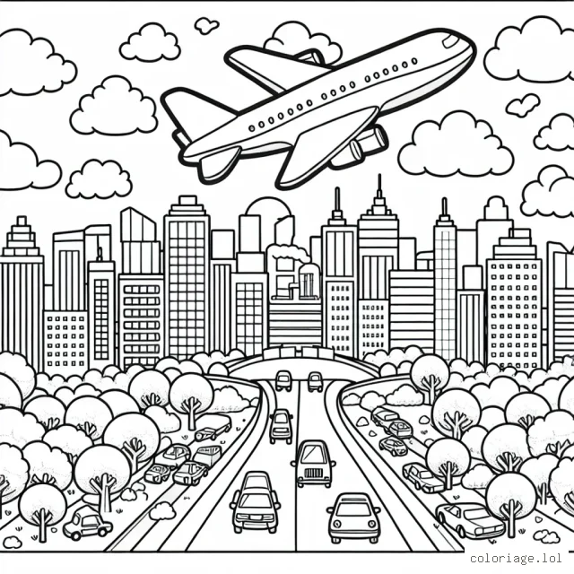 Dessine des avions survolant une ville animée, avec des immeubles, des voitures et des arbres.