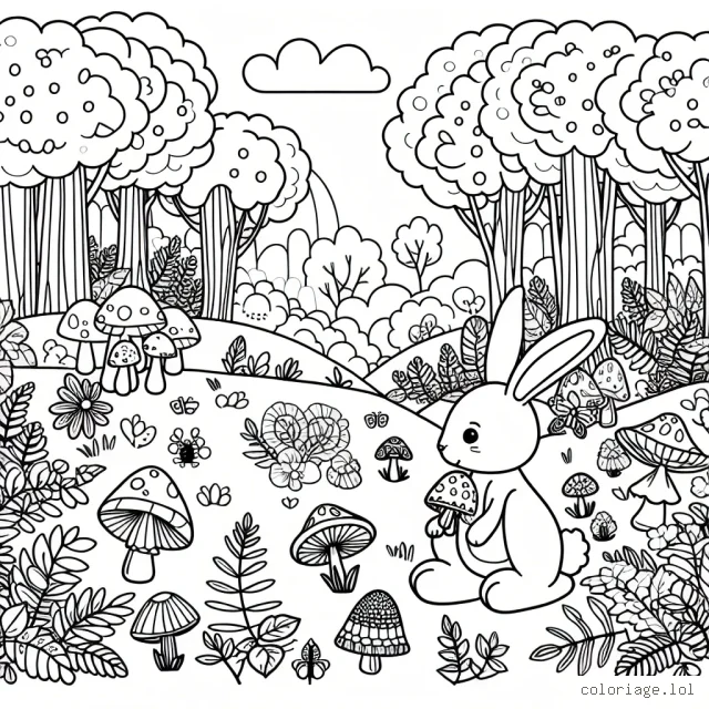 Un petit lapin se promène en forêt et découvre une clairière enchantée remplie de champignons, de fleurs et d'insectes étrangement colorés. Colorie ce paysage enchanté et rends-le plus vivant que possible.