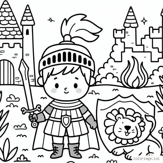 Un petit garçon avec un costume de chevalier, tenant un bouclier en forme de lion et une épée flamboyante s'aventure dans un château mystérieux.