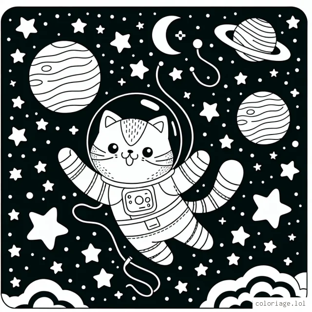 Un chat astronaute flottant dans l'espace avec des étoiles et planètes autour