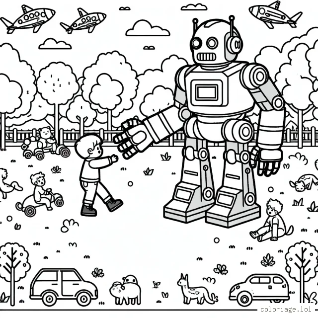 Petit garçon joue avec un robot géant dans un parc rempli d'arbres et animaux
