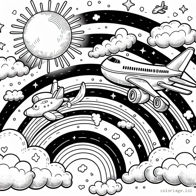 Un avion de ligne zigzague entre des nuages duveteux dans le ciel pendant que le soleil se couche lentement derrière lui. Un arc-en-ciel magique apparaît comme un pont entre la Terre et le ciel, donnant à la scène des teintes enchanteuses. De plus, deux petits avions jouent tout autour, multipliant l'excitation et la joie.