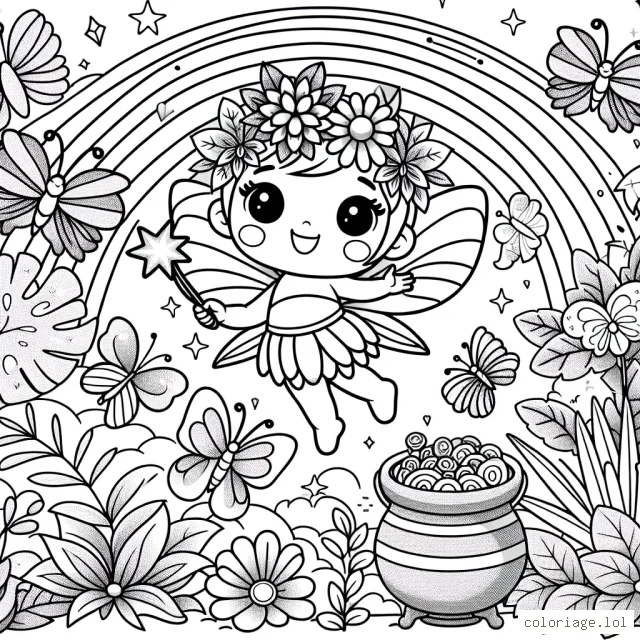 Une petite fée des fleurs joyeuse flotte dans un jardin magique plein de belles fleurs exotiques et de papillons multicolores. Dans une main, elle tient une baguette scintillante, et de l'autre, un panier pour y déposer des pétales de fleurs. Dans le fond, un arc-en-ciel traverse le ciel avec, au bout, un pot rempli de pièces d'or.