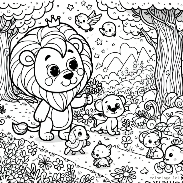 Au cœur des rêves magiques, Léo le petit lion s'aventure avec ses amis animaux à travers la forêt enchantée pour trouver le trésor perdu. Aide Léo à ramener le trésor en ajoutant vos couleurs préférées à la scène.