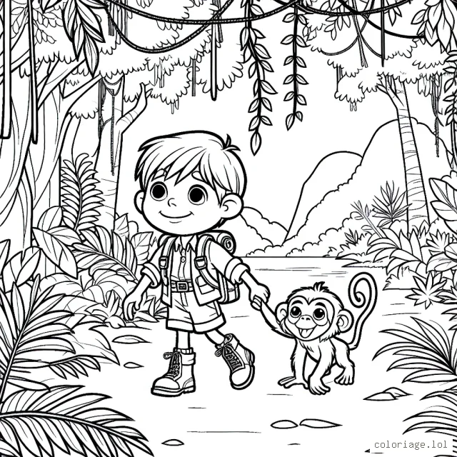 Un jeune explorateur qui trek dans une forêt tropicale avec son meilleur ami, un singe malicieux