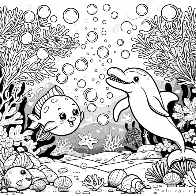 Imagine un monde sous-marin mystérieux plein de créatures et de plantes aquatiques. Dans ce dessin, tu dois colorer un dauphin joyeux, qui joue avec des bulles d'eau en compagnie de petits poissons colorés, des étoiles de mer et des coquillages. Le tout se situe près d'un récif de corail lumineux et vibrant qui est un spectacle à part entière.