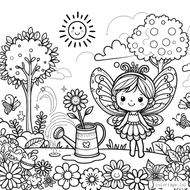 Dans le jardin enchanté, dessine une petite fée avec de belles ailes, un arrosoir magique et un parterre de fleurs aux mille couleurs. N'oublie pas le soleil souriant dans le ciel bleu et les petits animaux qui vivent dans ce paysage merveilleux.