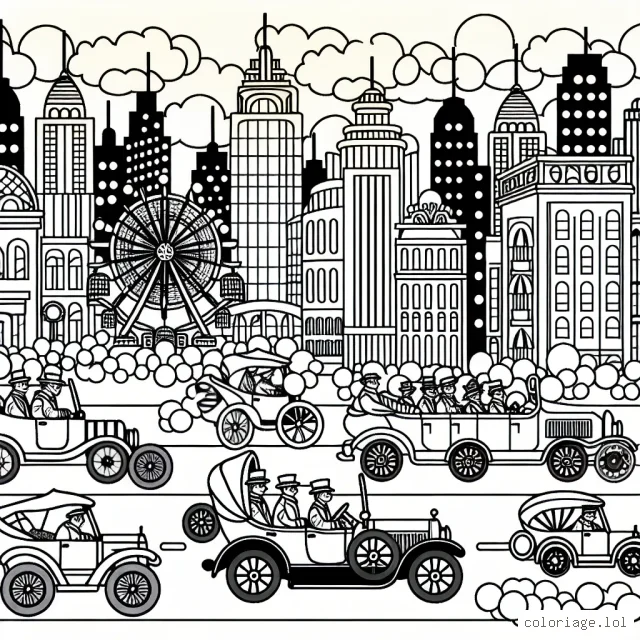 Un défilé fantastique de voitures vintage dans une ville animée