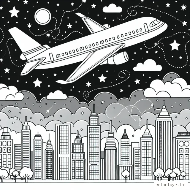 Dessine un avion à réaction qui vole dans le ciel étoilé, après avoir décollé de l'aéroport international. Les lumières de la ville sont visibles en arrière-plan.