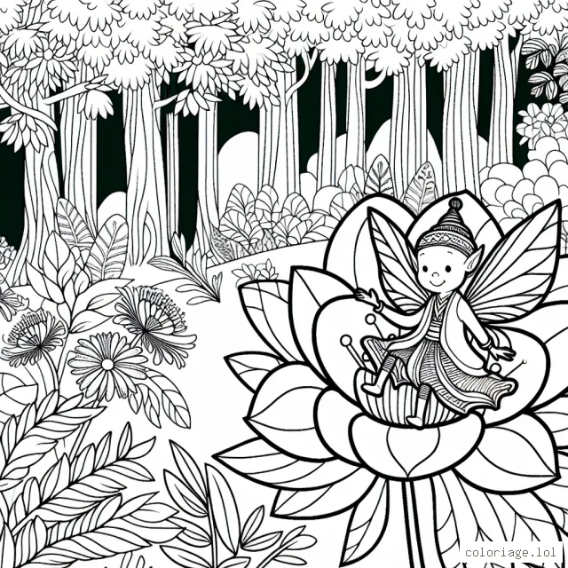 Une petite fée assise sur une fleur énorme dans une majestueuse forêt enchantée.