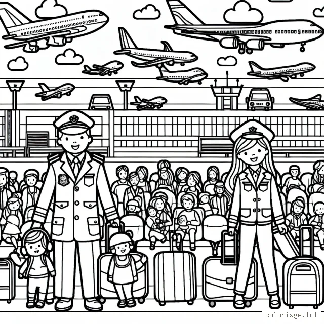 Un aéroport animé avec ses nombreux avions, pilotes et passagers tous prêts pour leur prochain voyage.