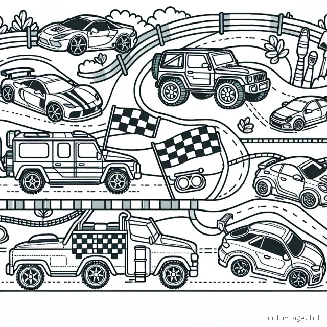 Prépare-toi pour une aventure unique en coloriant une scène dynamique d'une course de voitures avec une variété de voitures de sport, 4x4 et voitures classiques sur une piste de course animée.