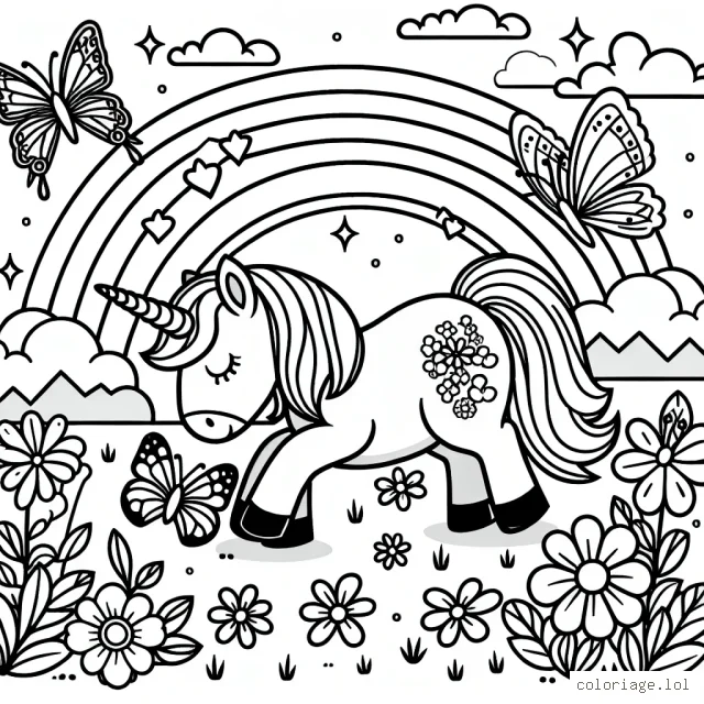 Une licorne jouant avec des papillons près d'un arc-en-ciel, entourée de fleurs magiques