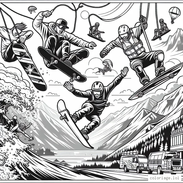 Imagine un scénario dynamique et excitant montrant plusieurs athlètes effectuant différents sports extrêmes. Il peut y avoir un skateur faisant un saut impressionnant, un surfeur surfant sur une grande vague, un base jumper sautant d'un haut sommet, etc. Les éléments en arrière-plan pourraient illustrer différentes saisons et lieux liés à ces sports, comme les montagnes, la mer ou des terrains urbains.
