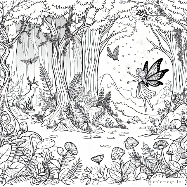 Une scène de forêt mystique avec une fée et des créatures forestières