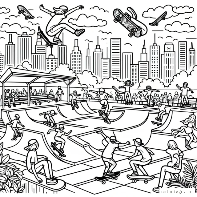 Dessinez un parcours de skateboard extrême dans un parc urbain animé, avec des skateurs exécutant des figures éblouissantes.