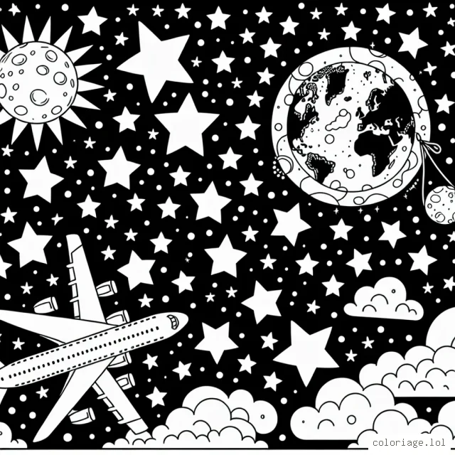 Un avion voyageant dans le ciel étoilé où chaque étoile est un pays, la lune est la planète Terre et le soleil est l'Univers