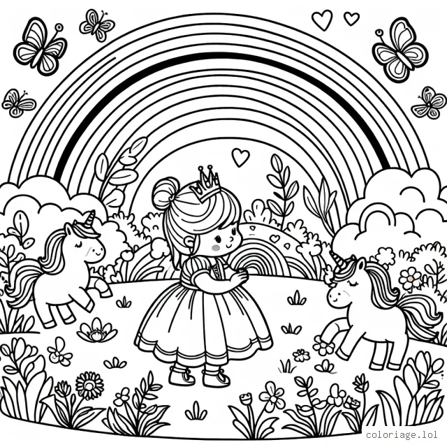 Une petite princesse joue dans son jardin enchanté peuplé de licornes et de papillons, entouré d'un grand arc-en-ciel.