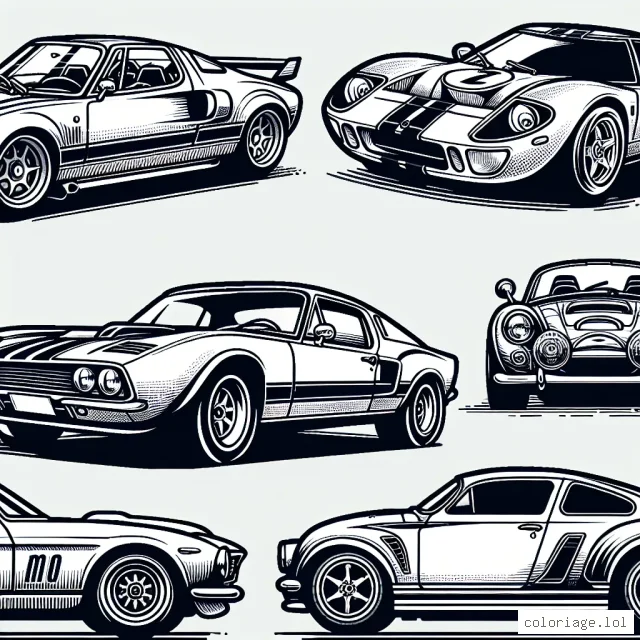 Créez un coloriage qui regroupe différentes marques de voitures du monde entier. Ces marques peuvent inclure Ferrari, Toyota, Mercedes et d'autres marques bien connues. Chaque voiture doit être dessinée avec un souci du détail pour refléter précisément le modèle emblématique de chaque marque.