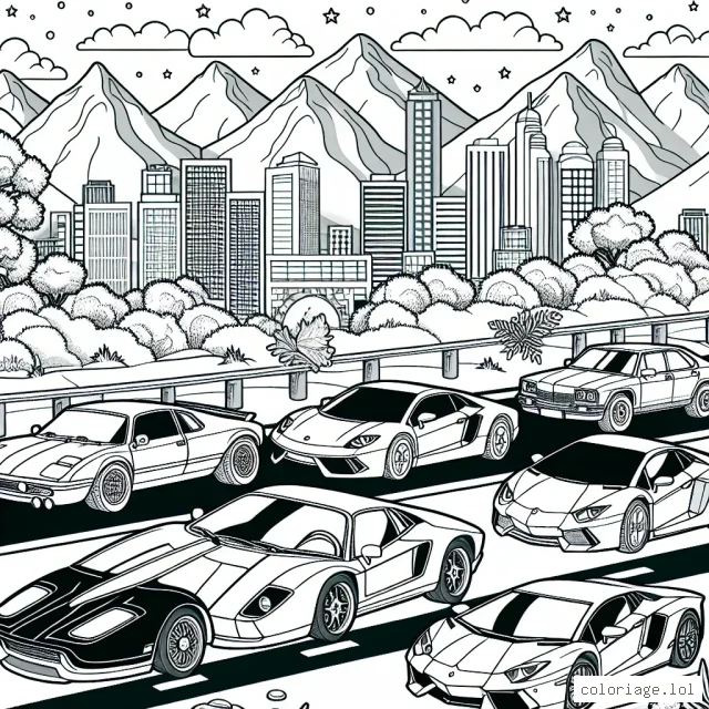 Imaginez une scène dynamique sur la route où les voitures de différents constructeurs sont présentées. Incluez des voitures comme la Ferrari rouge emblématique, la BMW bleu classique, l'Audi argentée élégante, la Lamborghini dorée riche et la Mercedes noire puissante. Il peut y avoir des arbres, des bâtiments, des montagnes et un ciel étoilé ou ensoleillé en arrière-plan.