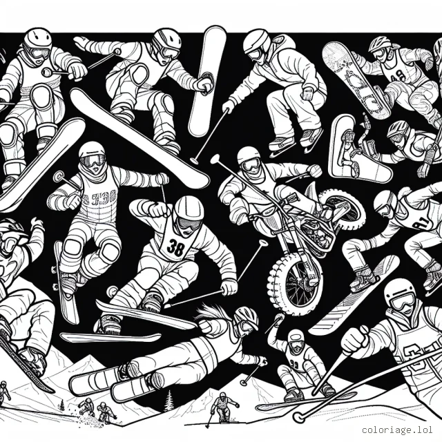 Dans ce dessin à colorer, on trouve plusieurs sports extrêmes avec plusieurs athlètes en pleine action. Sauras-tu les colorier en faisant attention aux détails ?