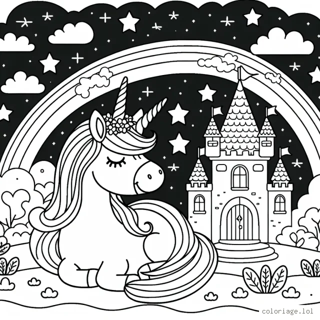 Imagine une jolie licorne dans un magnifique château sous un ciel étoilé avec à côté un arc-en-ciel brillant !