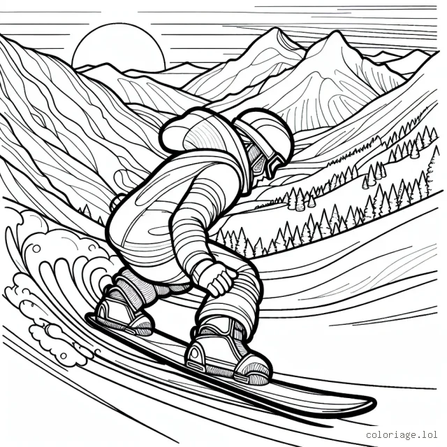 Imagine un casse-cou prêt à braver les hauteurs sur sa planche de snowboard. Il dévale une pente vertigineuse avec un décor époustouflant autour de lui, illustrant parfaitement l'excitation et le frisson des sports extrêmes.
