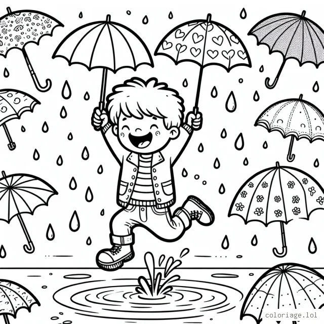 Un petit garçon intrepide sautant dans une flaque d'eau sous une pluie de printemps, entouré par un éventail coloré de parapluies.